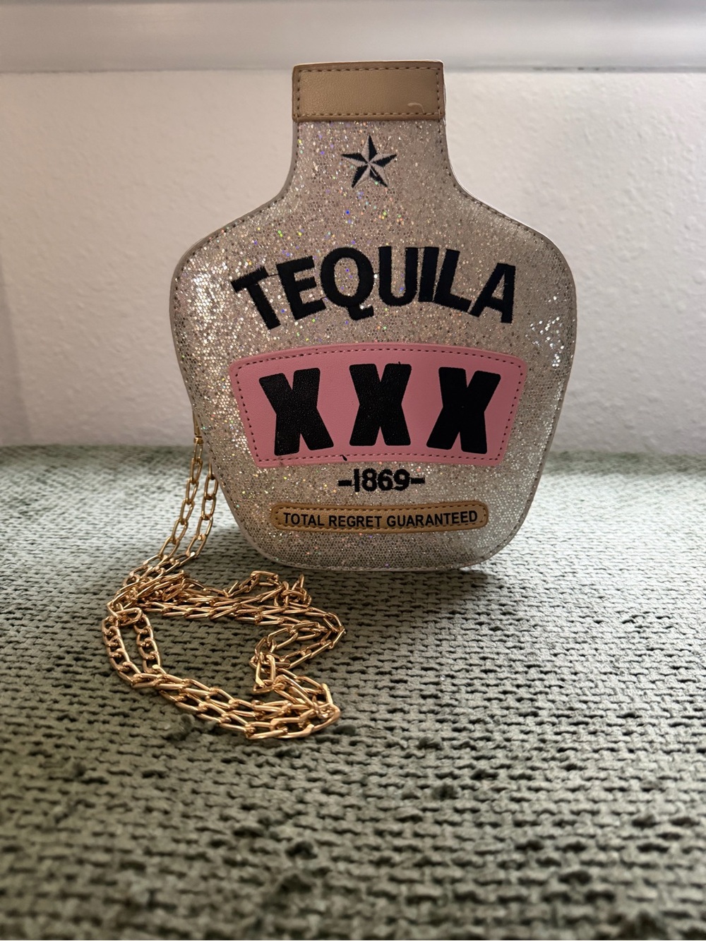 Tequila Bottle Glitter Crossbody Bag - Pink & Gold Accents